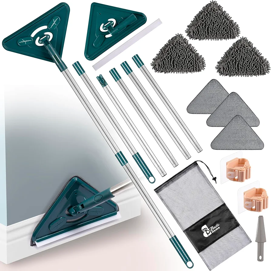 Wall Mop Cleaner Baseboard Cleaner Tool with Handles 93 Inches Baseboard Cleaning Tool for Walls and Floor 180° Rotating Ceiling Cleaner with Extension Poles Microfiber Chenille Pads (Triangular)
