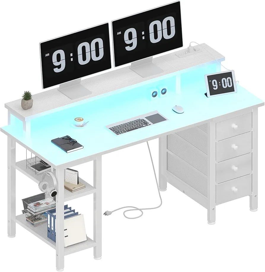 Lufeiya White Gaming Desk with LED Lights and Power Outlets, 47 inch Home Office Desk with Monitor Stand, Computer Gaming Desk with Fabric Drawers and Storage Shelves, White