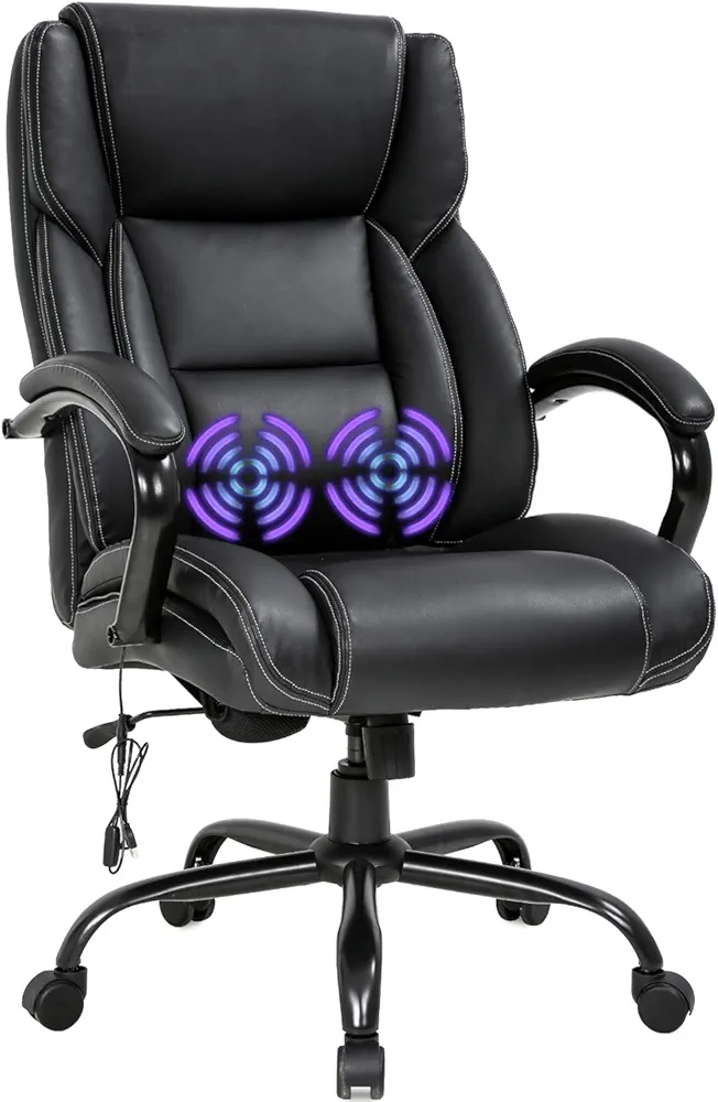 Big and Tall Office Chair 500lb Wide Seat Desk Chair with Lumbar Support Armrest Swivel Rolling High Back PU Leather Computer Chair Massage Adjustable Ergonomic Task Chair for Adults Women(Black)