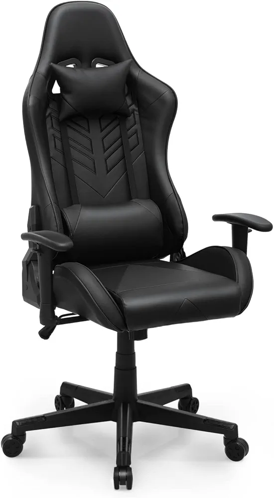 MoNiBloom Computer Chair Gaming High Back Office Gaming Chair with Headrest and Lumbar Support, PU Leather Ergonomic Racing Chair with Adjustable Height and Reclining Function for Teen Adult, Black