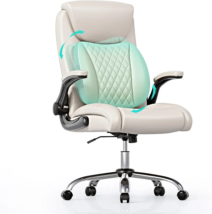 Executive Office Chair, Wide Pu Leather Ergonomic Home Office Desk Chairs with Adjustable Flip-Up Arms, High Back Computer Desk Chair with Lumbar Support, 2-Gear Function,White