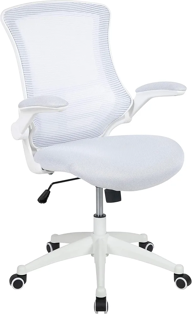 Flash Furniture Kelista Mid-Back Swivel Office Chair with Adjustable Lumbar Support and Seat Height, Ergonomic Mesh Desk Chair with Flip-Up Armrests, White