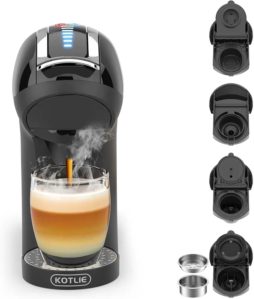 KOTLIE 19Bar 5in1 Multicapsule Espresso Coffee Machine, Hot Brewing Single-Serve Coffee Maker, Cappuccino&Latte Maker for Kcup/Dolce Gusto/NES* Original/Ground Coffee/44mm ESE EM-308B(Black)
