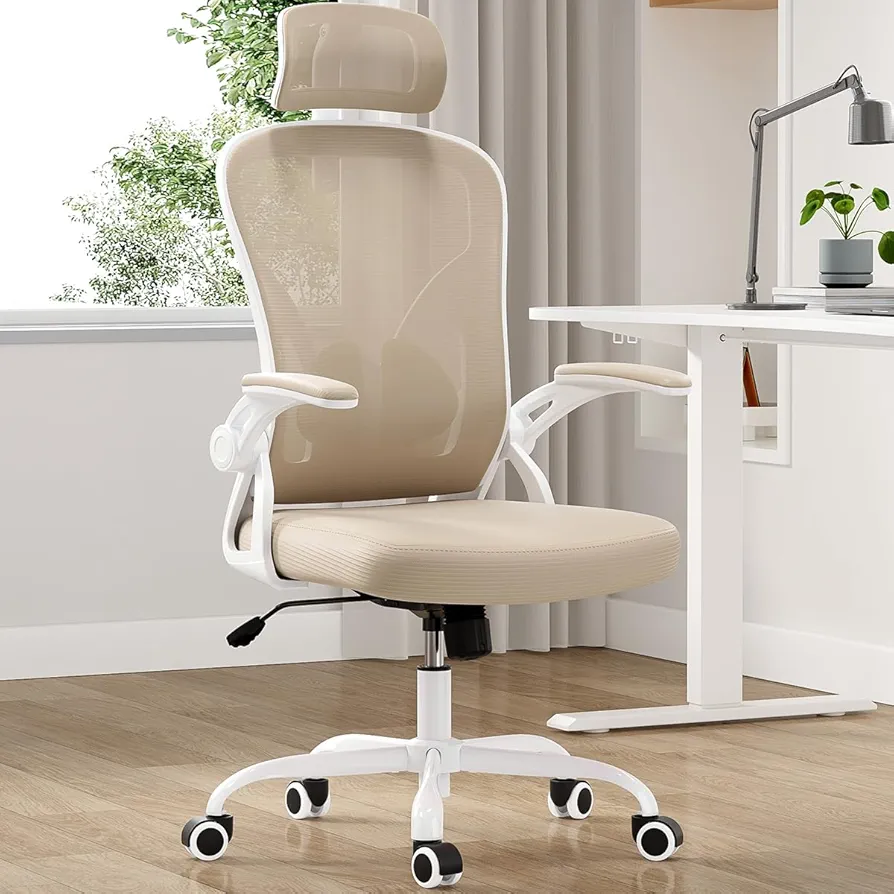 Farini Ergonomic Office Chair, Home Office Desk Chair with Headrest, High Back Computer Chair with Flip-up Armrests and Adjustable Lumbar Support for Home Office Study Bedroom, Khaki.