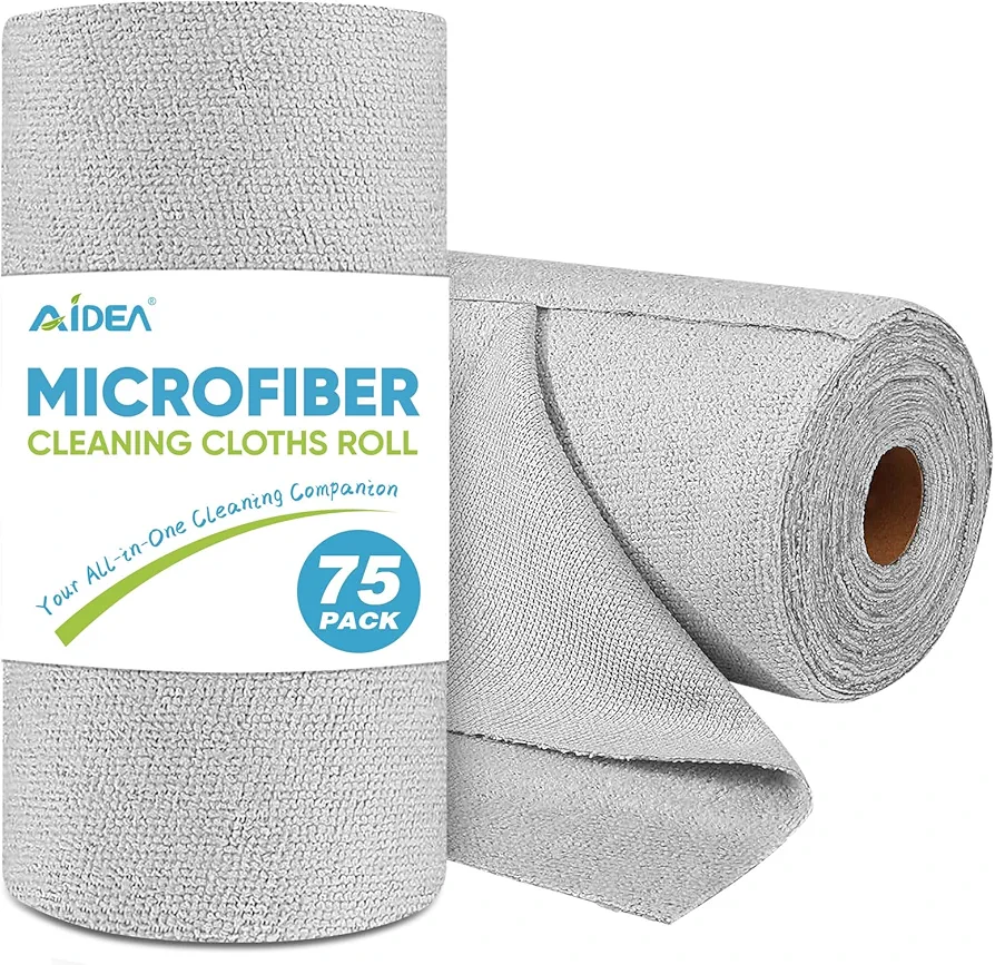AIDEA Microfiber Cleaning Cloth Roll-75PK, Reusable Paper Towels Grey Tear Away Cleaning Towels, Microfiber Towels Washable Shop Rags, Lint Free Cleaning Rags for House, Kitchen, Window-11.5"×11.5"