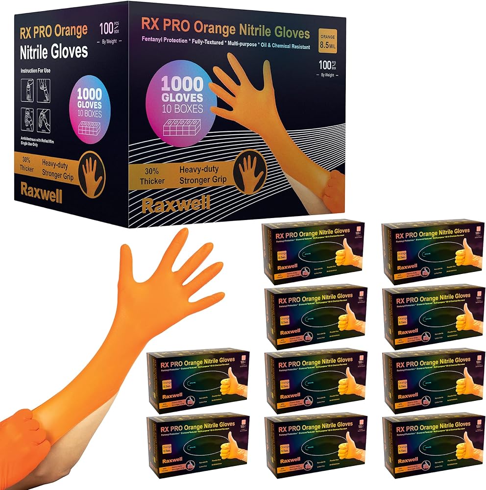 Raxwell Orange Nitrile Gloves - 8.5 Mil Heavy Duty, Diamond Texture For Grip, Puncture Resistant, Latex-Free For Mechanics