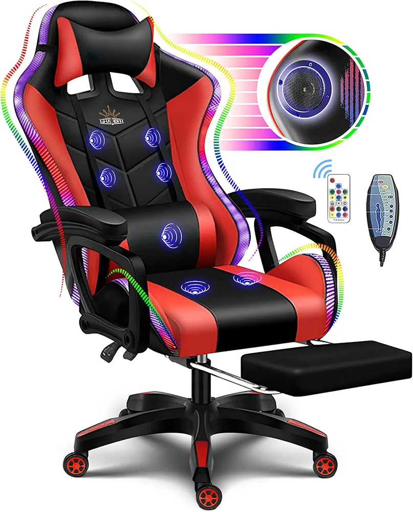 Gaming Chair with Speakers and Massage Computer Gaming Chair with LED RGB Lights and Footrest High Back Ergonomic Video Game Chair with Adjustable Lumbar Support for Adults,Red