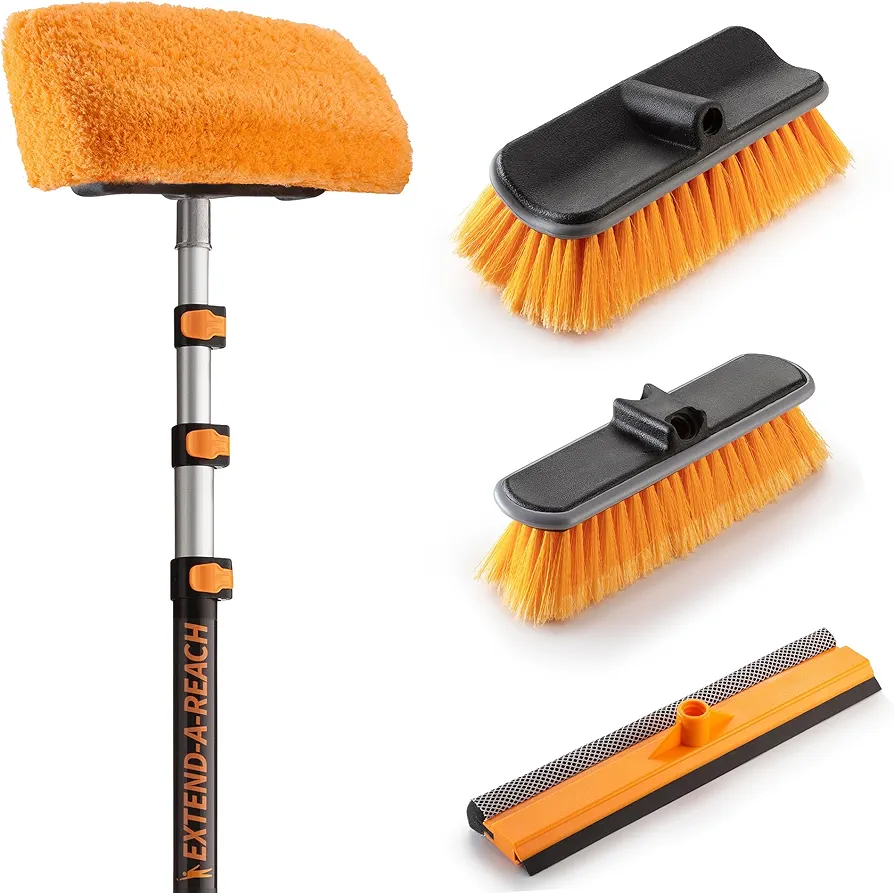 36-Foot Exterior House Cleaning Brush Set with 7-30 ft Extension Pole // Vinyl Siding Brushes with Telescopic Extendable Pole & Window Cleaning Squeegee Tool // The Ultimate Extension Scrub Brush Set