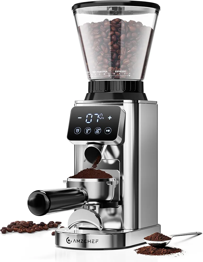 AMZCHEF Coffee Grinder, Coffee Bean Grinder for Home Use with Precise Grinding, LED Control Panel, Detachable Funnel Stand, Anti-static Design, 24 Grind Settings, Silver