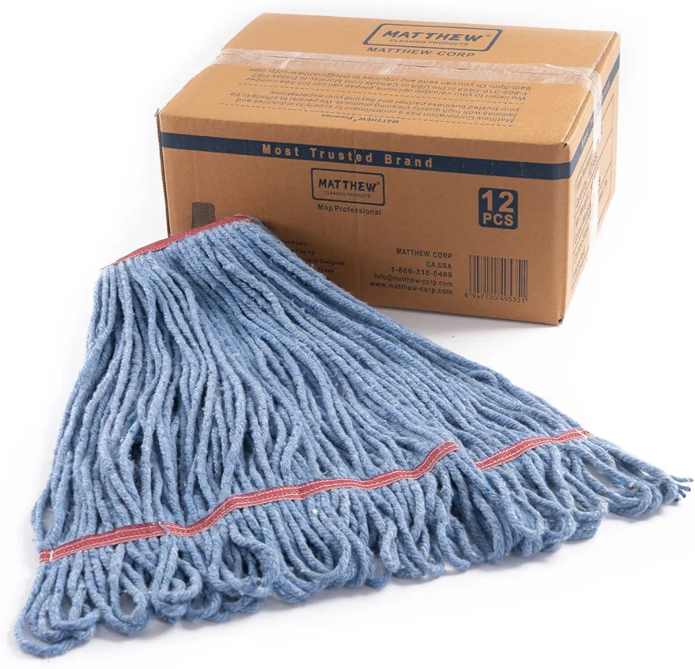 Matthew Cleaning 24oz Heavy Duty Mop Head Commercial Replacement for General and Floor Cleaning, Wet Industrial Blue Cotton Looped End String Head Refill (Case of 12) Blue