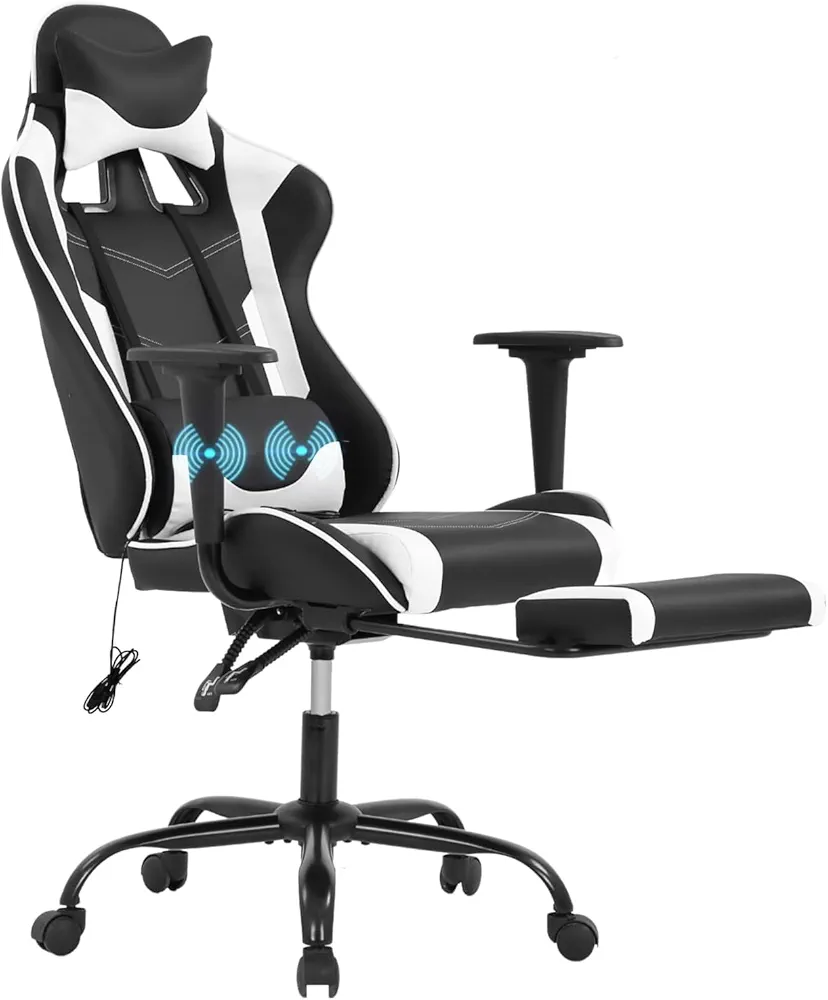 Gaming Chair, Ergonomic Computer Chair with Footrest and Lumbar Support, Height Adjustable Chair PU Leather Game Chair with 360°-Swivel Wide Seat and Headrest for Office or Gaming, White