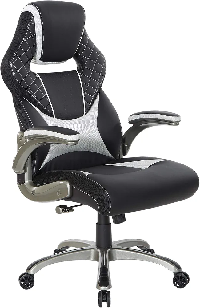 OSP Home Furnishings Oversite Ergonomic Adjustable High Back Faux Leather Gaming Chair with Thick Padded Coil Spring Seat and Padded Flip Arms, White Accents