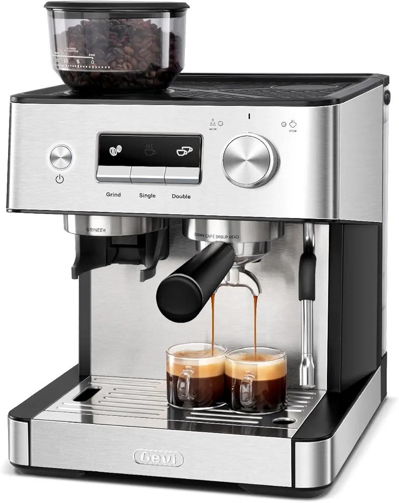Gevi Espresso Machine With Grinder & Steam Wand,Latte Maker with Adjustable Shot Volume for Home, Stainless Steel Espresso Coffee Machine, 2.3L Water Tank, Gift for Mom and Dad