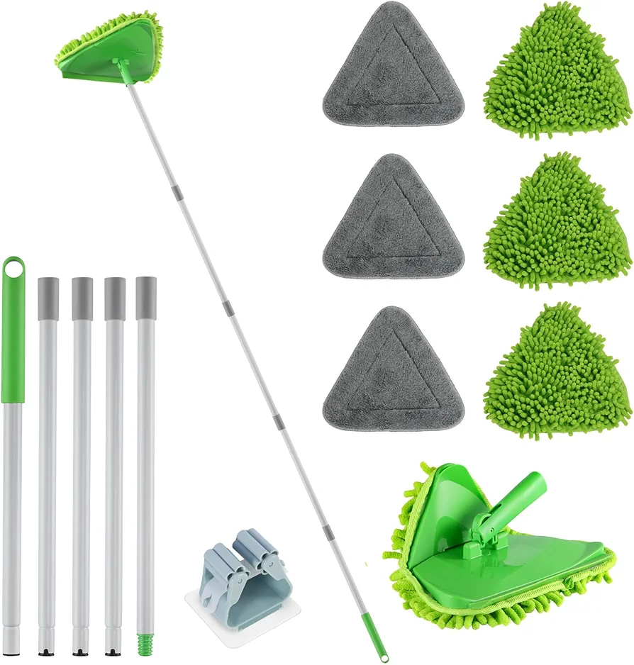 RONSUNG Wall Cleaner Mop with Long Handle 82 Inches, Baseboard Cleaning Tool Dust Mop with 4 Replacement Microfiber Chenille Pads for Ceiling, Painted Walls, Window, Floor (Green)