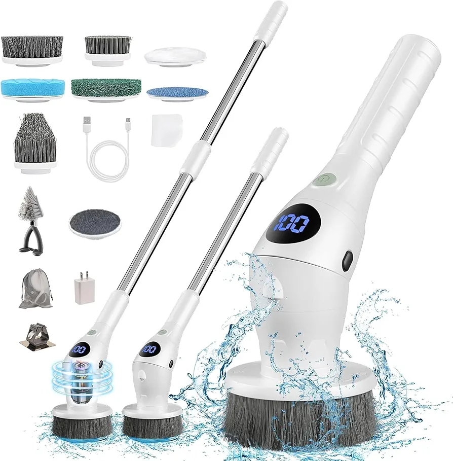 SpinWiz 2024 Model 9 in 1 Electric Spin Scrubber with 8 Replaceable Brushes & 1 Grout Brush | Spin Brush for Cleaning | Upgraded Battery | Electric Scrubber | Shower Scrubber with Long Handle