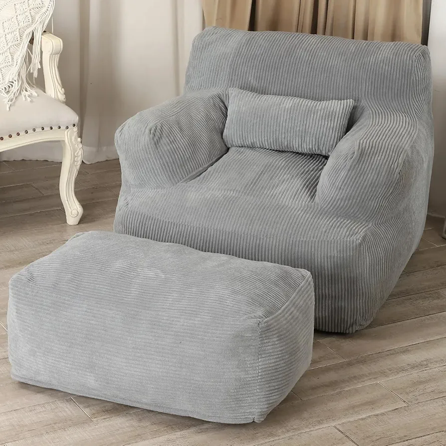 Giant Bean Bag Chair for Adults, Bean Bag Sofa Chair with Ottoman, Comfy Reading Chair for Dorm Room, Living Room, Bedroom, Light Grey