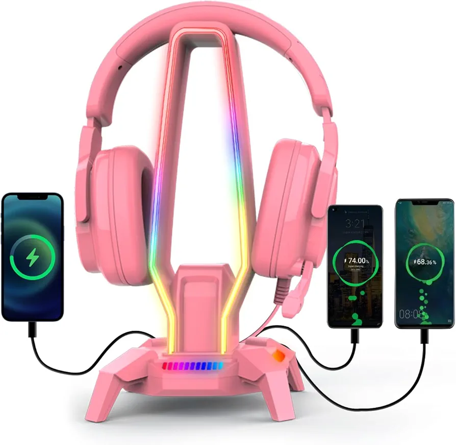 RGB Headphone Stand with 3 USB 3.0, 8 Light Modes Holder for Gaming Headsets, Controller Stand with Type-C Port, 3.5mm Jack Port, Earphone Hanger Accessories for Desktop Gamer (Pink)