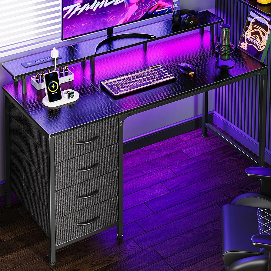 Huuger 47 Inch Computer Desk with Power Outlets and LED Lights, Gaming Desk with 4 Drawers, Office Desk with Monitor Stand, Study Desk Work Desk for Home Office, Small Spaces, Black