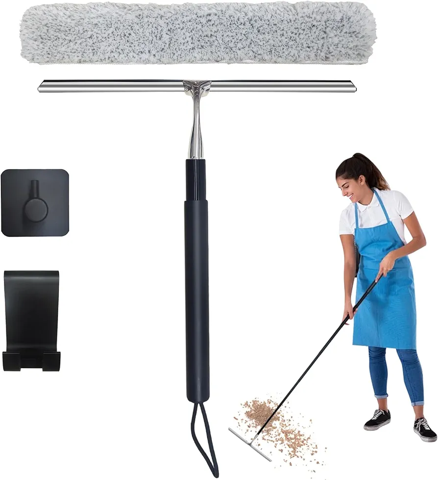 Squeegee for Window Cleaning(59IN),Shower Squeegee with Extension Pole Squeegee,Glass Cleaning Tools with 14" Silicon Squeegee &14" Microfiber Scrubber,Window Squeegee for Glass Door,Car,Floor