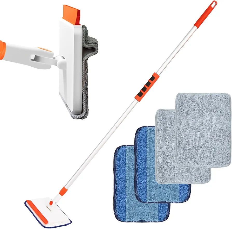 Baseboard Cleaner Tool with Handle, Adjustable Long Handled Baseboard Cleaner with 49 inch Long Handle & 4 Reusable Pads for Baseboards Wall Cleaning