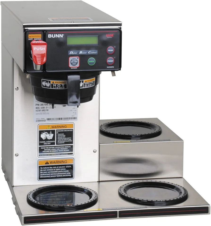 BUNN Axiom DV-3, Dual Voltage Automatic Commercial 12-Cup Coffee Maker, 3 Lower Warmers, 38700.0009,Grey, 7.5 Gallons