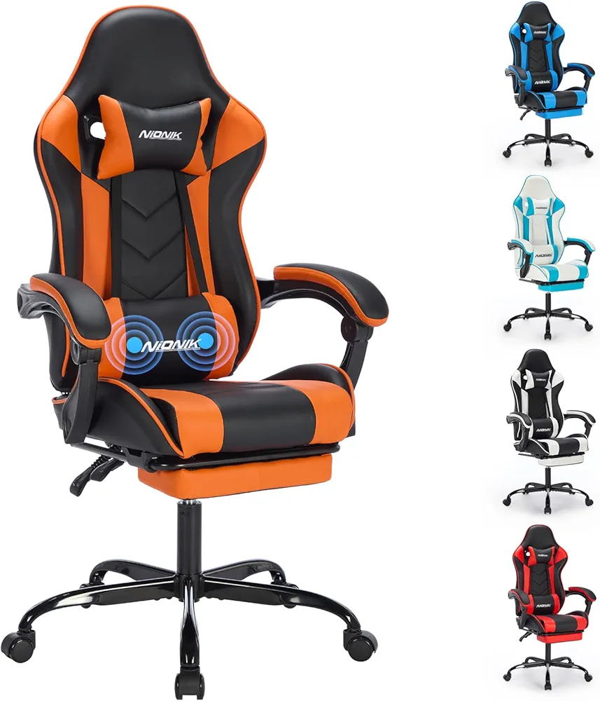 Gaming Chair with Footrest and Massage Lumbar Support, Ergonomic Computer Chair Height Adjustable with Swivel Seat and Headrest, Video Game Chair Swivel Computer Recliner for Adults