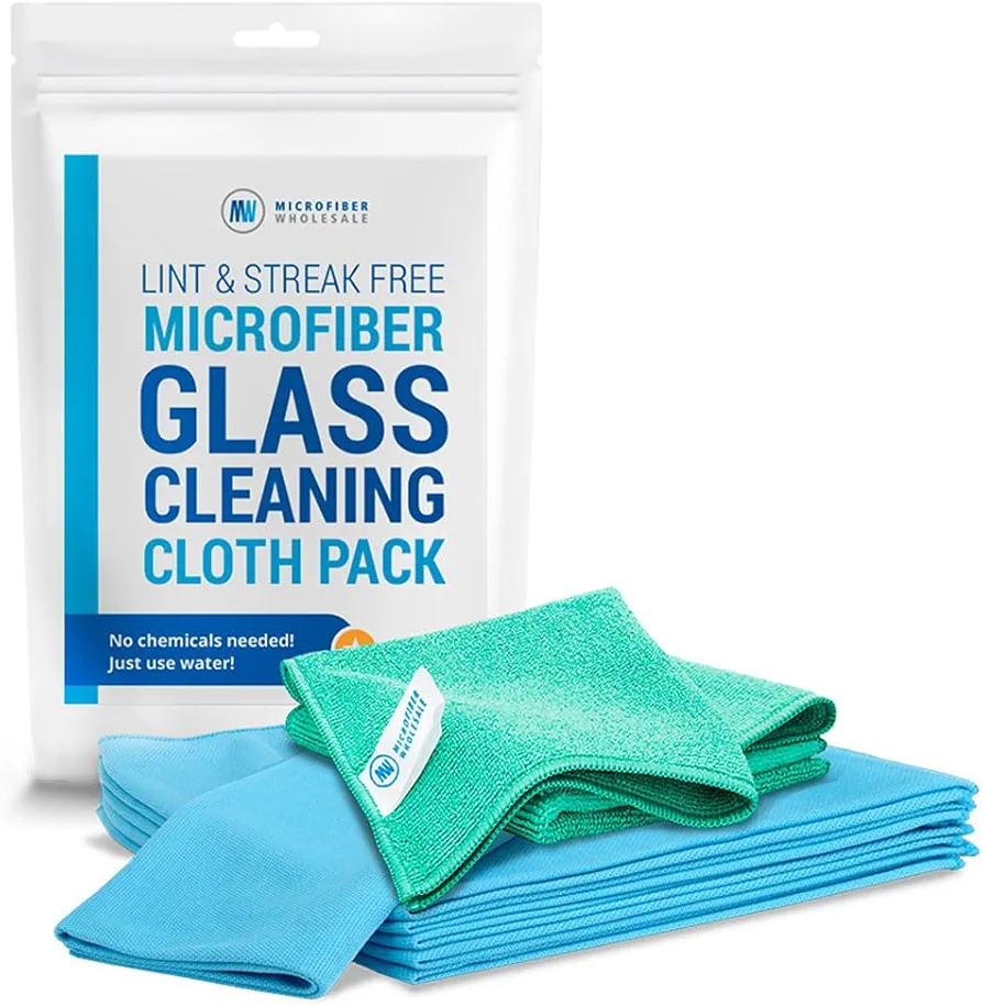 Microfiber Glass Cleaning Cloths | Streak Free Windows & Mirrors | Lint Free Towels | Car Windows Wipes | Polishing Rags | Machine Wash- Blue, Green (8 Pack)