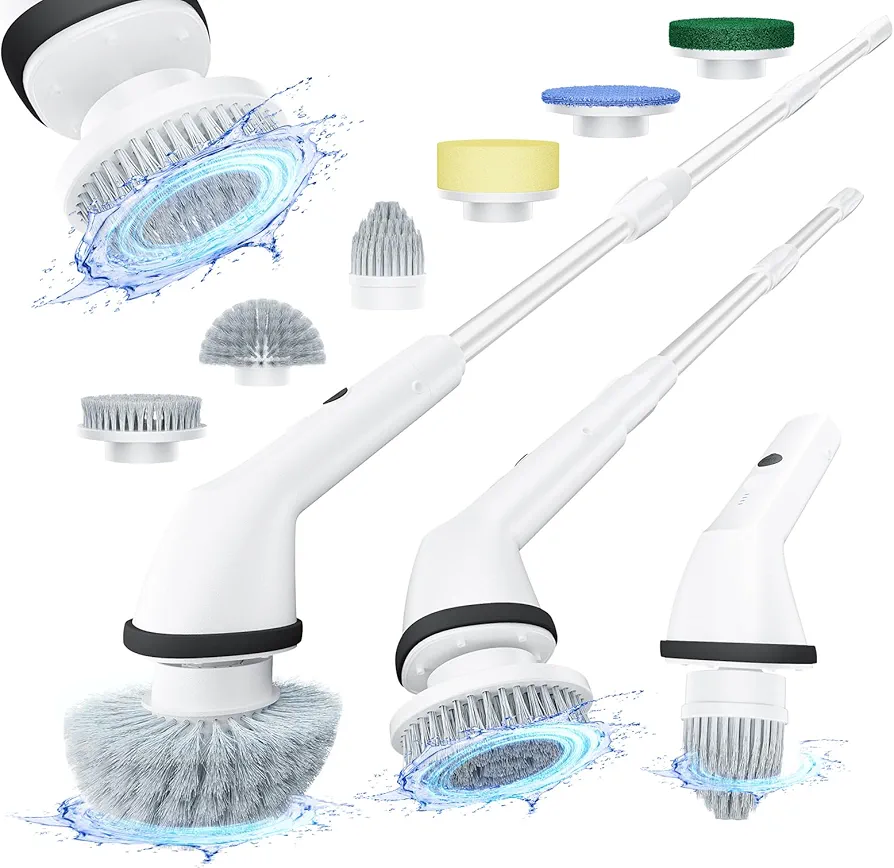 Electric Spin Scrubber, Full-Body IP66 Waterproof Bathroom Cleaner Brush, Replaceable Brush Heads, Adjustable & Detachable Long Handle, Cleaning Supplies for Tub Shower Tile Floor-（White）