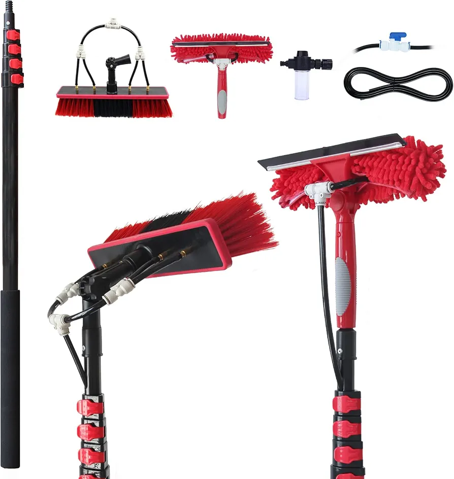 20ft Water Fed Pole Brush with Squeegee Kit Telescoping High Reach Window Cleaning Tool with Soap Dispenser Extension Solar Panel Cleaner for Household
