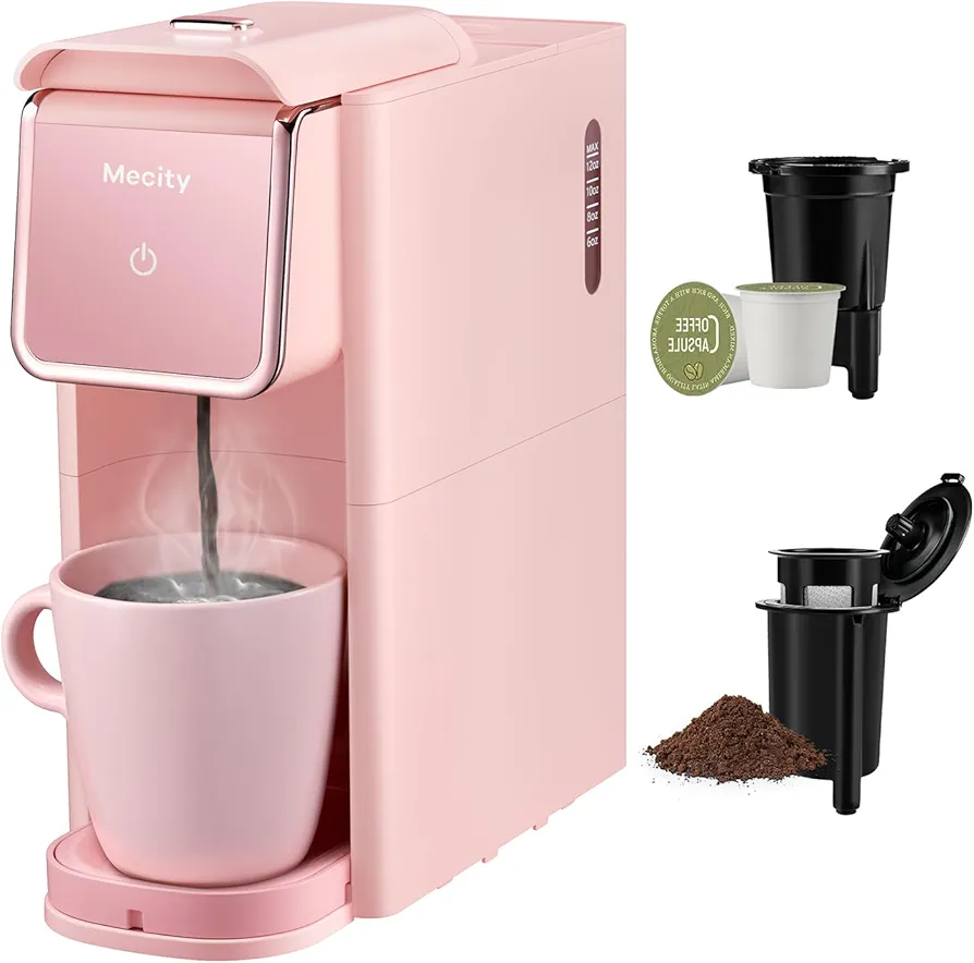 Mecity Pink Coffee Maker Mini Single Serve Coffee Machine Compatible with K Cup Capsule, Ground Coffee, Loose Tea, Small Coffee Pot For Home Use, RV, Apartment, Auto Shut Off 120V 1000W
