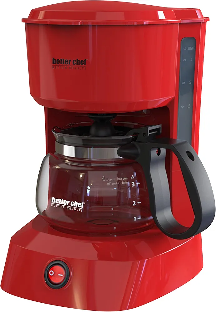 Better Chef Basic Coffee Maker | 4-Cup | Pause-N-Serve | Carafe Warmer | Reservoir Window (Red)