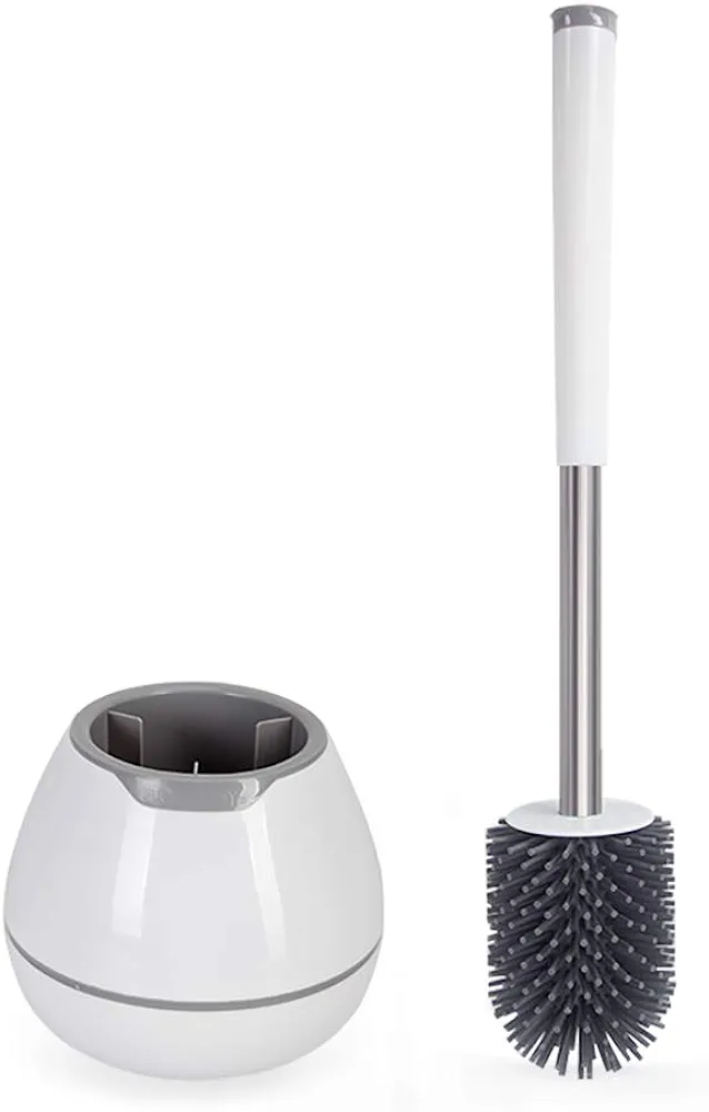 BOOMJOY Toilet Brush and Holder Set, Silicone Toilet Bowl Cleaner Brush, Bathroom Cleaning Bowl Brush Kit with Tweezers, Bathroom Accessories with Aluminum Handle - White