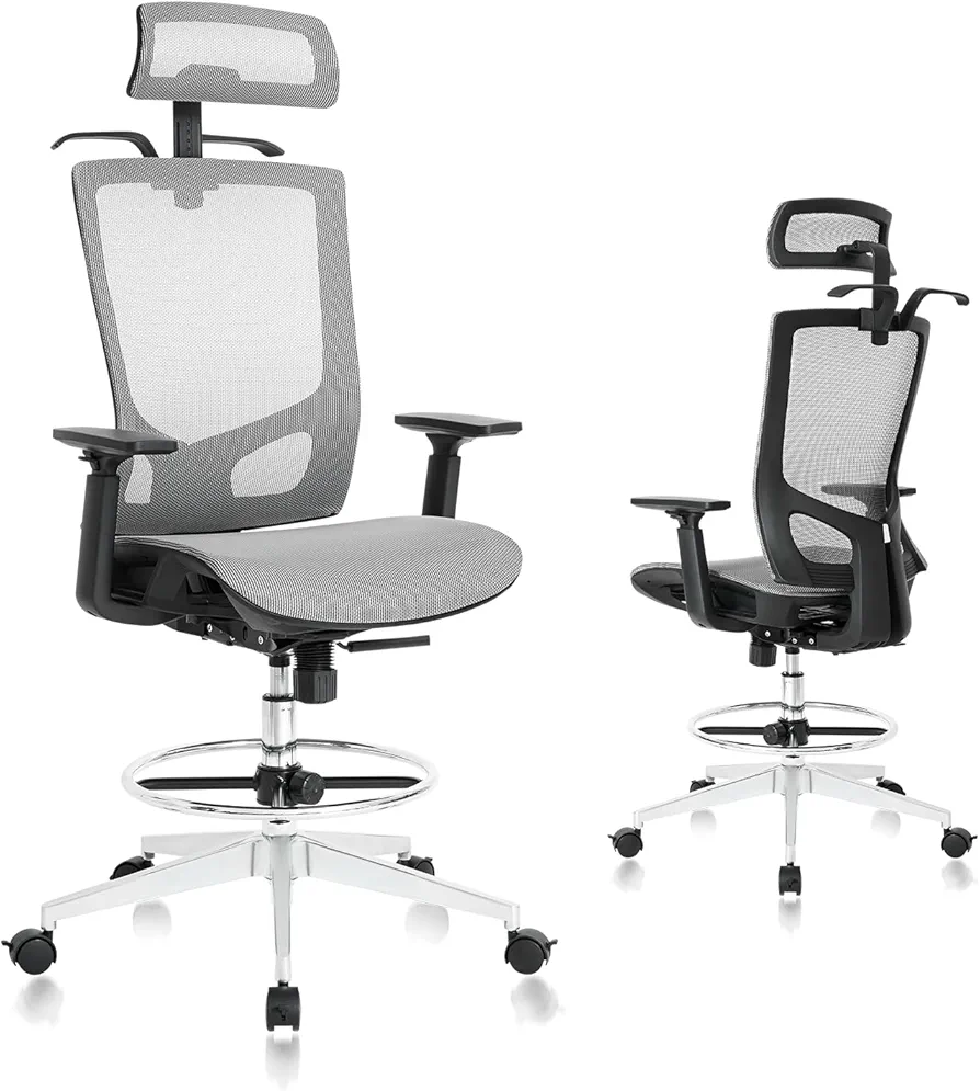 Nouhaus Mesh Office Chair Ergonomic Drafting Desk Chairs High Back with Adjustable Headrest, Armrest, Foot Ring and Integrated Coat Hanger, Swivel Computer Gaming darft Chair Tilt Function(Grey)