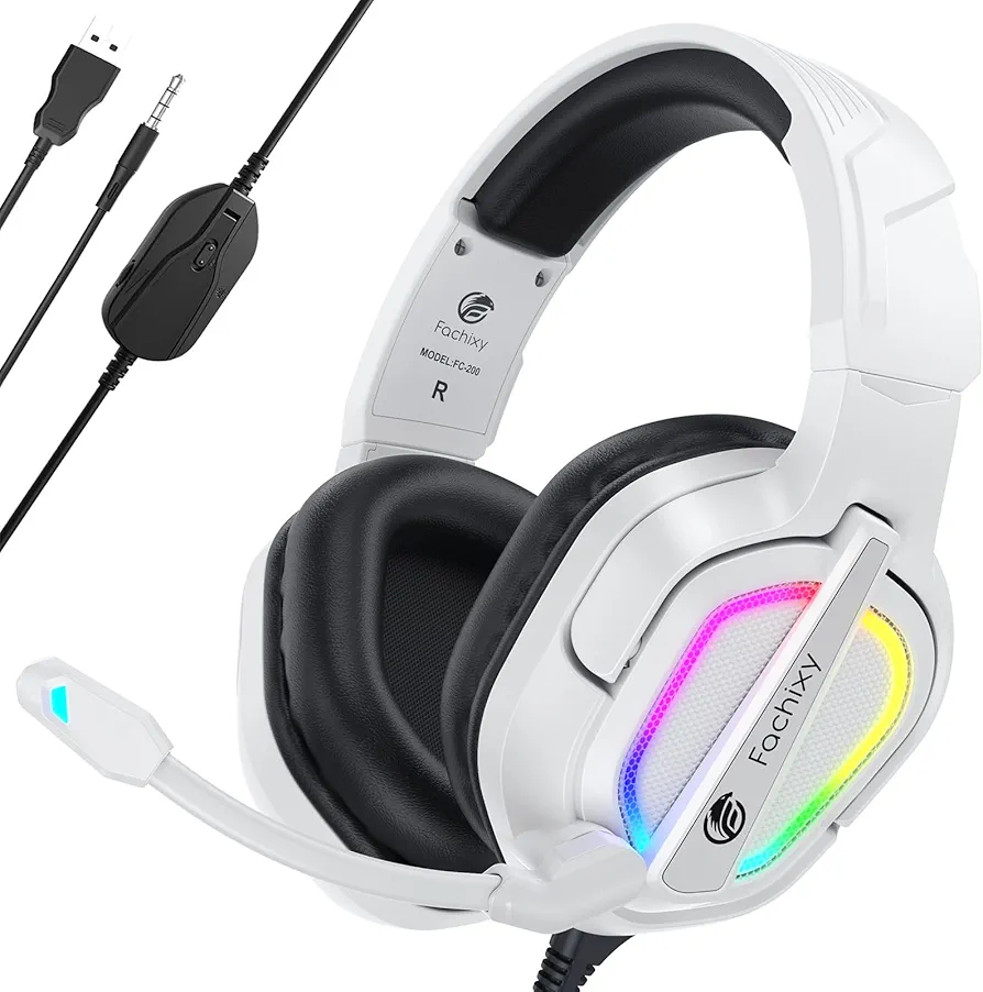 Fachixy「2024 New」FC200 Gaming Headset for PS4/PS5/PC/Xbox One, Noise Canceling Gaming Headset, Headset with Stereo Microphone Sound with 3.5mm Jack with RGB Light