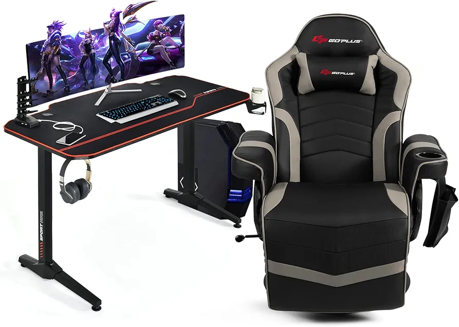 Goplus Gaming Chair and Desk Set, Racing Office Computer Chair with Headrest, 4-Point Massage & Footrest, PC Gaming Desk with Cup Holder, Headphone Hook, Full Size Mouse Pad (Grey)