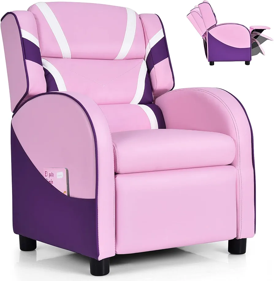 Costzon Kids Recliner, Gaming Recliner Chair w/Footrest, Headrest, Lumbar Support & Side Pockets, Ergonomic Leather Lounge Chair for Living & Gaming Room, Adjustable Recliner Sofa for Boys Girls, Pink