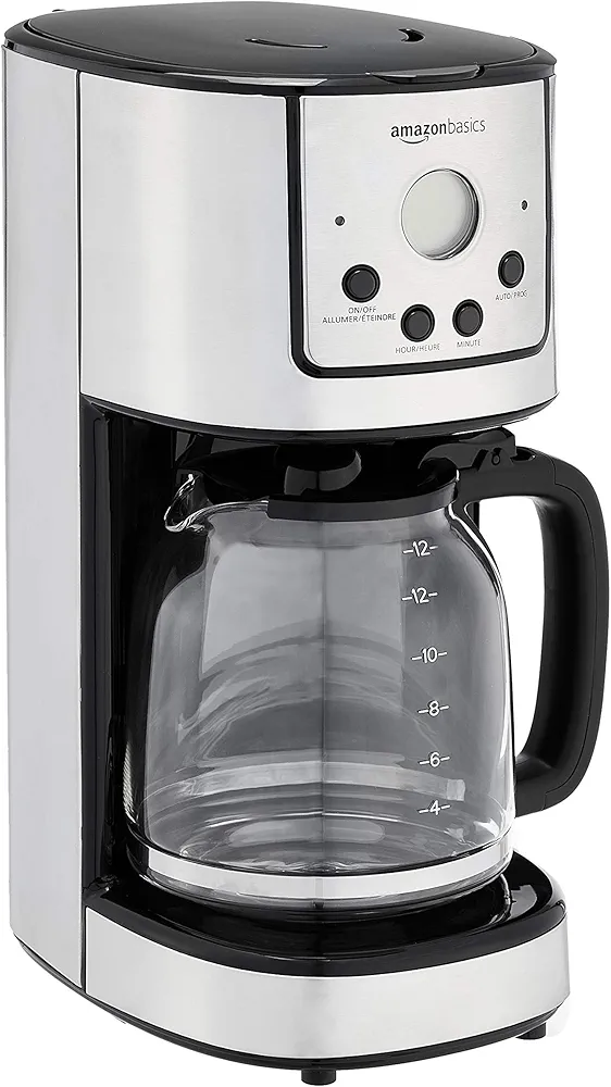 Amazon Basics Drip Coffee Maker 12 Cup with Carafe and Reusable Filter, Stainless Steel Coffee Machines, Black