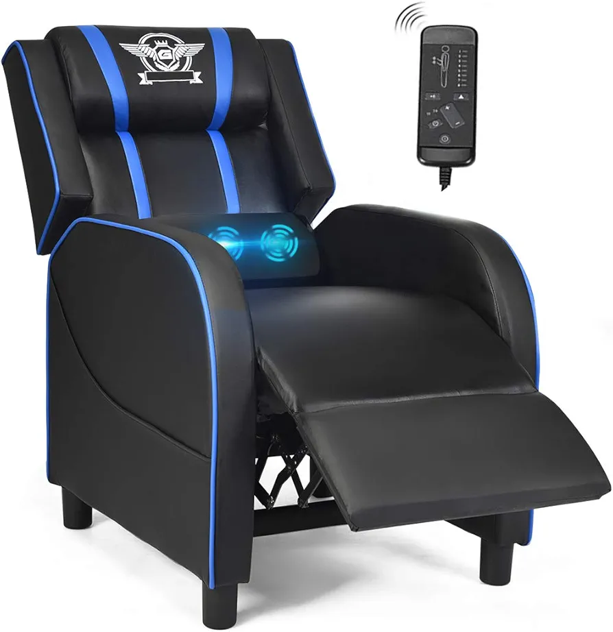 POWERSTONE Gaming Recliner Chair, Reclining Gaming Chair Ergonomic Leather Sofa with Footrest Lumbar Support Headrest and Side Pouch for Living Room Home Theater, Blue