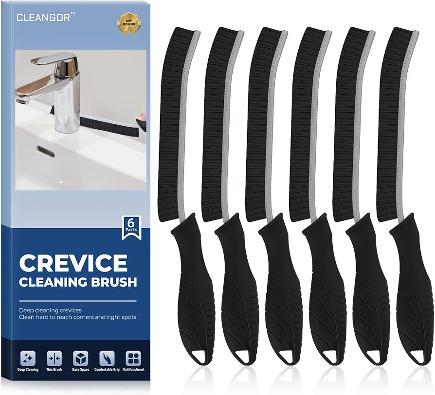 Crebrush - Crevice Cleaning Brushes for Hard to Reach Tight Space, Home Essentials, Cleaner Scrub Brush Tool, Cleaning Supplies for Shower, Bathroom, Kitchen, Toilet, Window (6, Black)