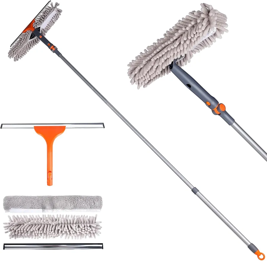 Squeegee Window Cleaner Set 2-in-1 Multi-Surface Cleaning Tool with Extendable Pole, Detachable Microfiber Cloths Bendable Head for Indoor & Outdoor Glass for Car Indoor Outdoor High Windows