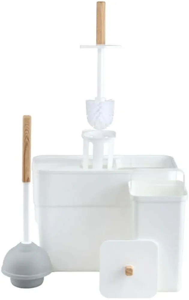 Bathroom Cleaning Set with Plunger, Bowl Brush, and Trash Can | Space-Saving Caddy, Durable Brush with Splash Guard & Effective Plunger for Fast Clog Removal