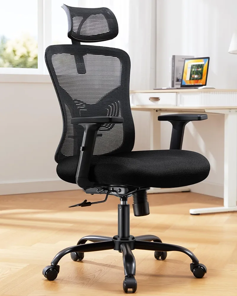 HUANUO Ergonomic Office Chair, High Back Desk Chair with S-Shaped Backrest, Adjustable Lumbar Support, Headrest, Armrest, Mesh Computer Chair with Thicker Seat Cushion and Tilt Function, Black