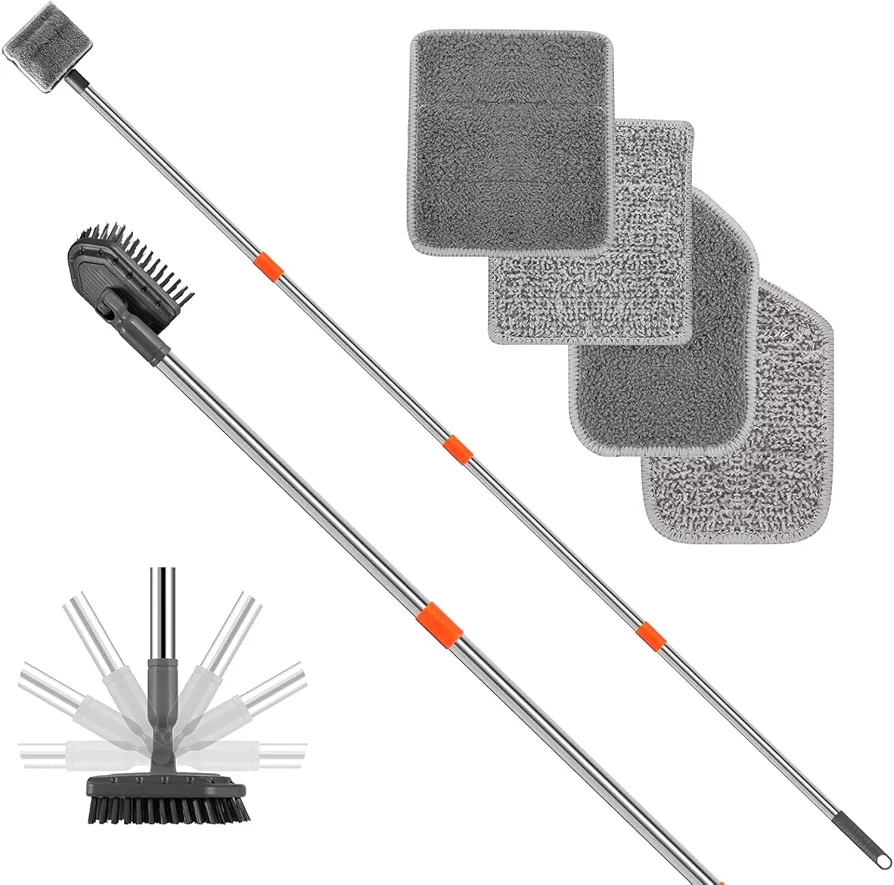 Long-Handled Chassis Multifunctional Cleaning Tools, Ceiling Wall Window Cleaning, Cleaning Indoor Environment Tiles, etc., with 6 Reusable mop Pads, Two Cleaning Function Brushes, 2 Pieces of Cloth