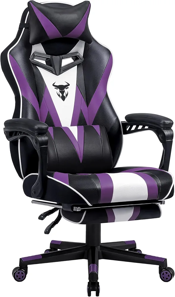 Gaming Chair for Adults, Gamer Reclining Computer Chair,Big and Tall Gaming Chairs with Footrest and Massage, Ergonomic Chair for High Back(Black/Purple)
