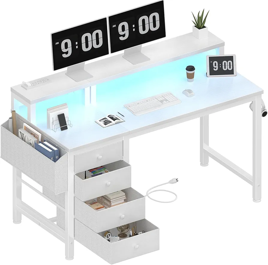Lufeiya White Desk with 4 Drawers - 47 inch Gaming Desk with Monitor Stand, Computer Gaming Desk with LED Lights Power Outlets and Storage Bag Fabric Drawer for Home Office, Bedroom, White