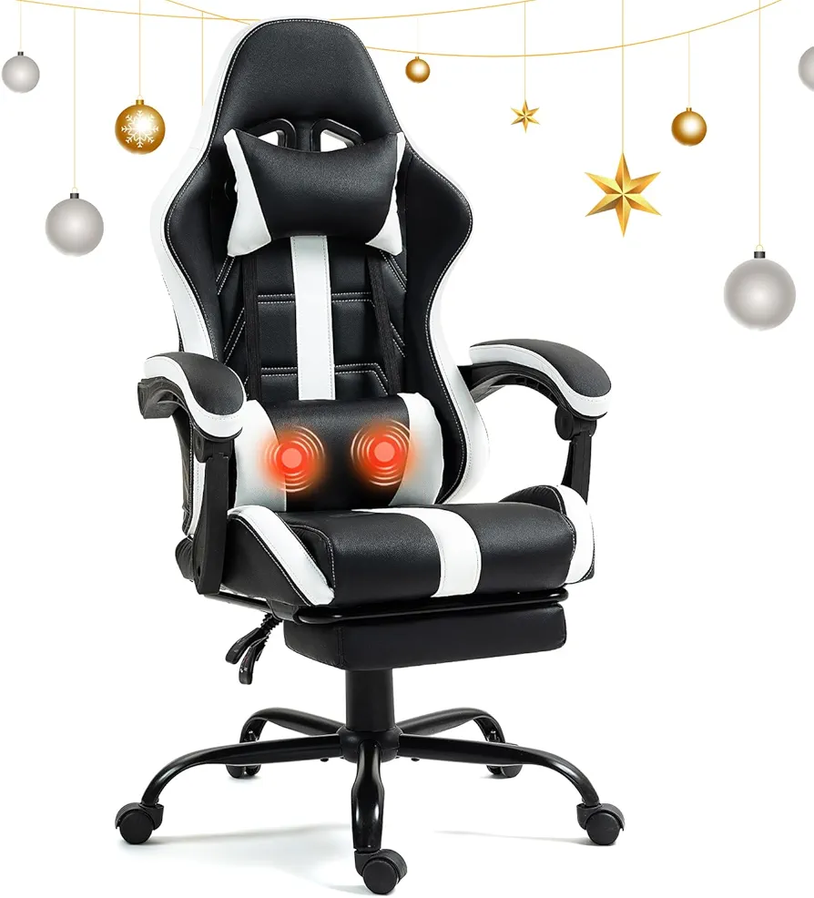 Massage Gaming Chair with Footrest, Ergonomic PU Leather Computer Chair w/Headrest and Lumbar, Height Adjustable, 360° Swivel Desk Office Chair, White