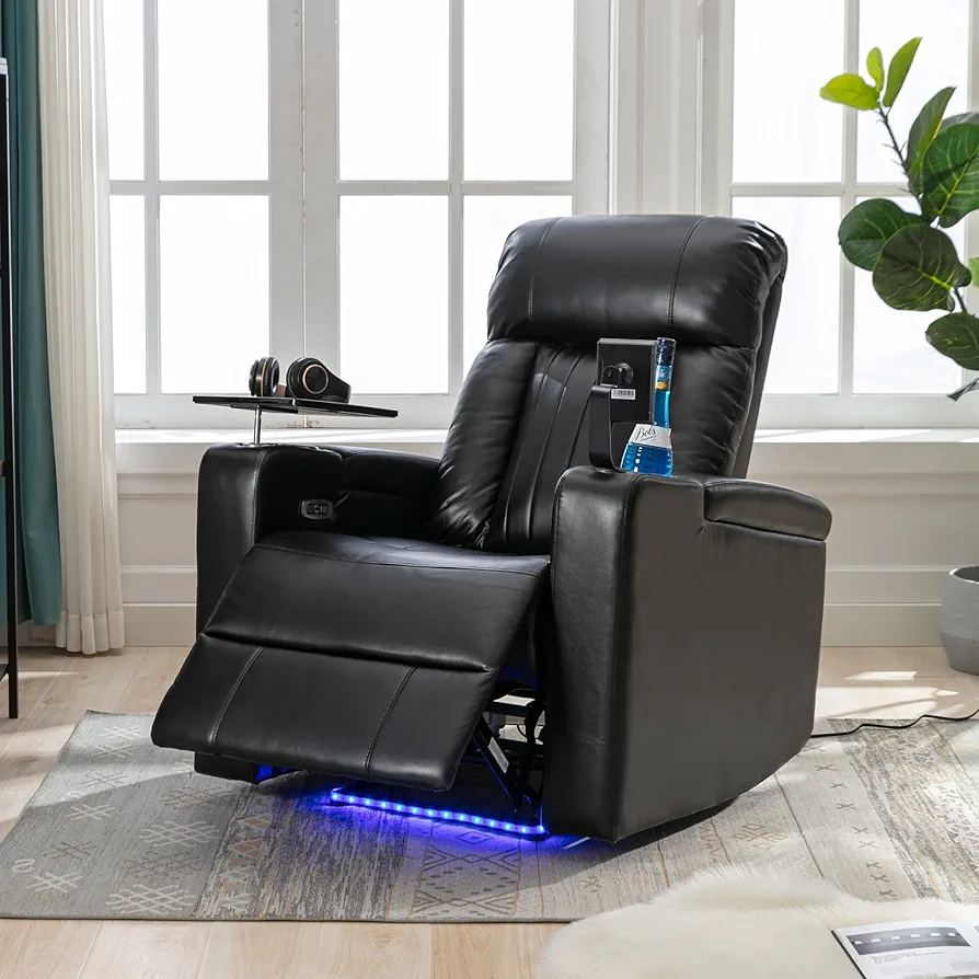 Electric Recliner Chair with USB Charge Port, 360 Swivel Tray Table, Hand in-Arm Storage,2 Cup Holders, Ambient Lighting and Metal Cell Phone Stand- Gaming Recliner Chair Home Theater Seating (Black)