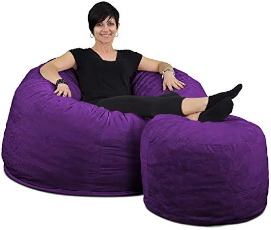 ULTIMATE SACK 4ft Bean Bag Chair & Footstool, Oversize Bean Bag Chair for Adults, Comfy Chair Bean Bag Couch Lounge Sofa Loveseat Furniture | Purple Suede