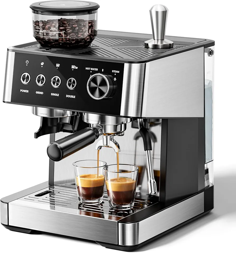 Kismile Espresso Machines with Grinder, 20 Bar Espresso Coffee Machines with Steam Milk Frother Steam Wand, Espresso Coffee Machine & Cappuccino machine with Hot Water Function(BLACK)