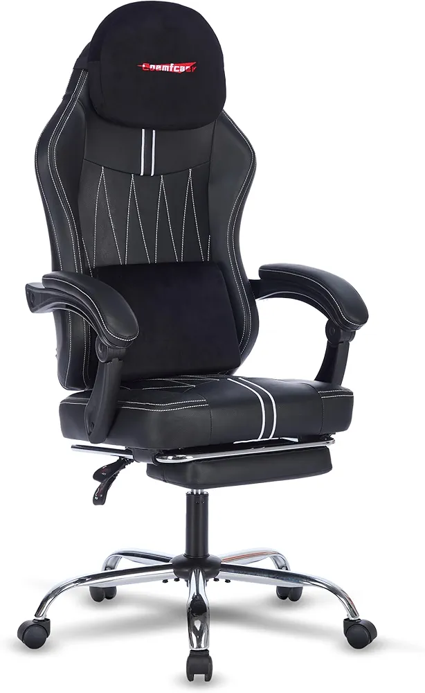 Gaming Chair for Adults, Wide Seat Computer Chair with Footrest and Massage Lumbar Support,Reclining Gaming Chairs,Video Game Chair Rolling,PU Leather Gaming Office Chair 300LBS(Black&White)